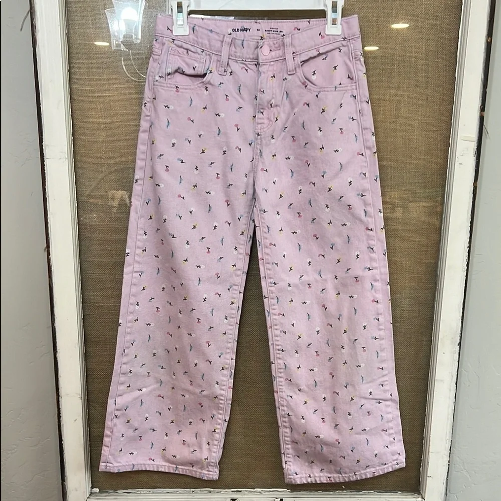 Old Navy Pink High Rise Baggy Wide Leg Pink Floral Pattern Jeans